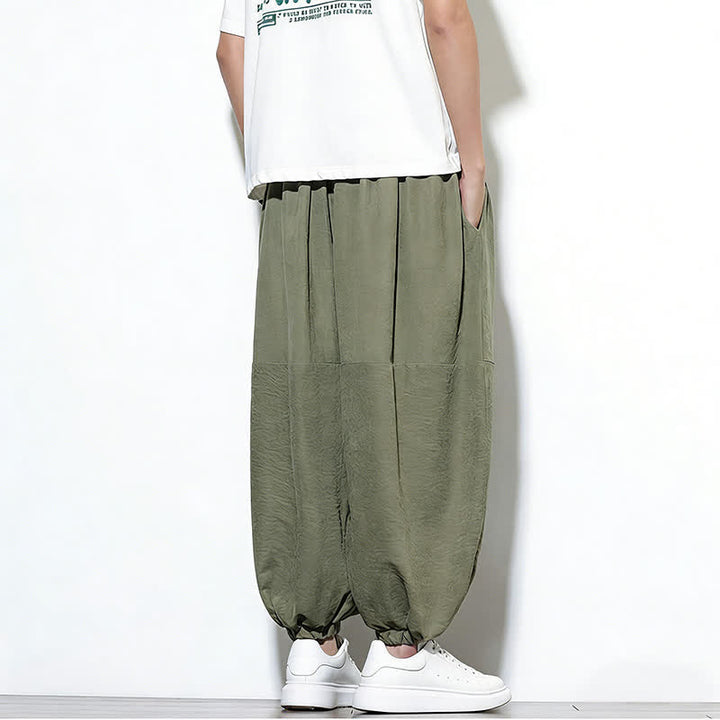 Buddha Stones Spring Solid Color Drawstring Cropped Men's Harem Cotton Pants With Pockets - image 32