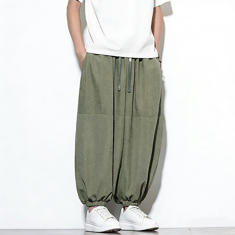 Buddha Stones Spring Solid Color Drawstring Cropped Men's Harem Cotton Pants With Pockets - image 28