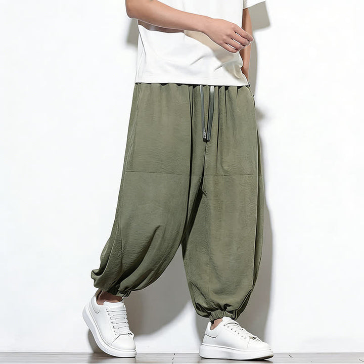 Buddha Stones Spring Solid Color Drawstring Cropped Men's Harem Cotton Pants With Pockets - image 30