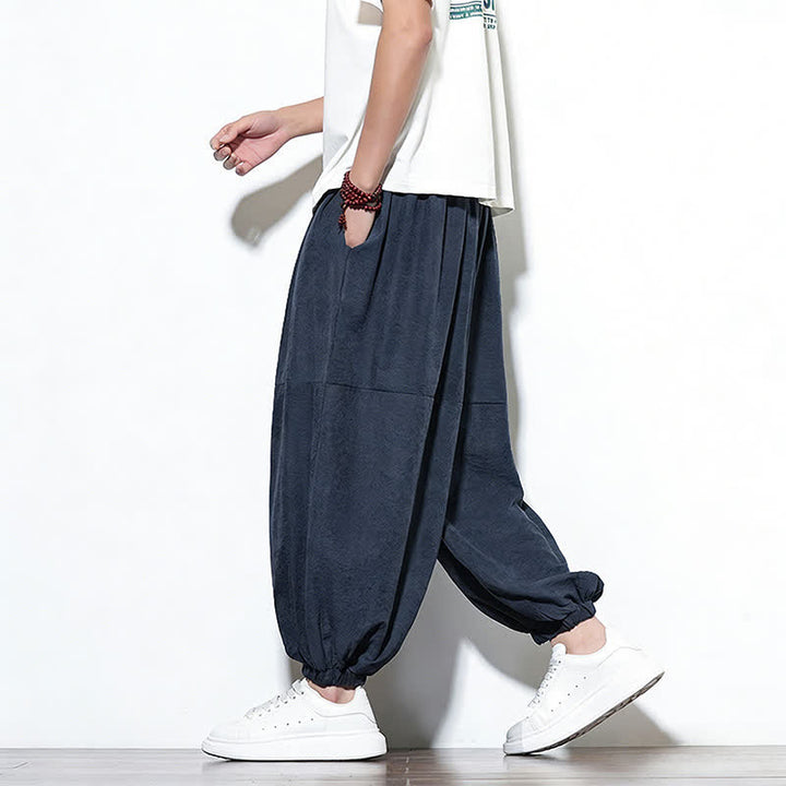 Buddha Stones Spring Solid Color Drawstring Cropped Men's Harem Cotton Pants With Pockets - image 4