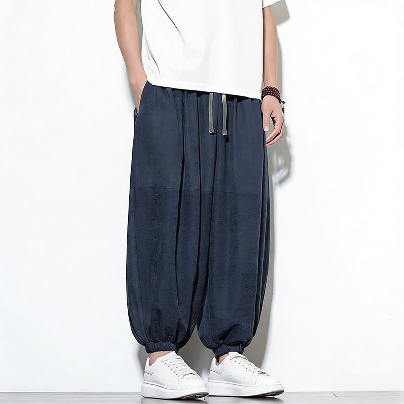 Buddha Stones Spring Solid Color Drawstring Cropped Men's Harem Cotton Pants With Pockets - image 7