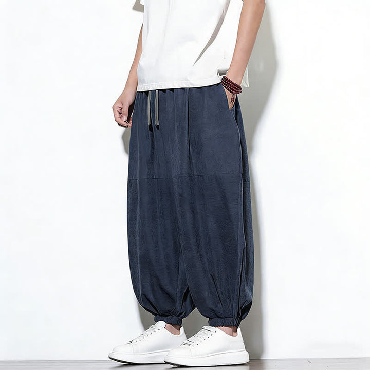 Buddha Stones Spring Solid Color Drawstring Cropped Men's Harem Cotton Pants With Pockets - image 6