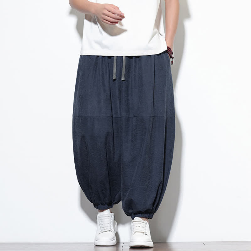 Buddha Stones Spring Solid Color Drawstring Cropped Men's Harem Cotton Pants With Pockets - MidnightBlue - US/UK/AU46，EU56 (5XL) - image 0