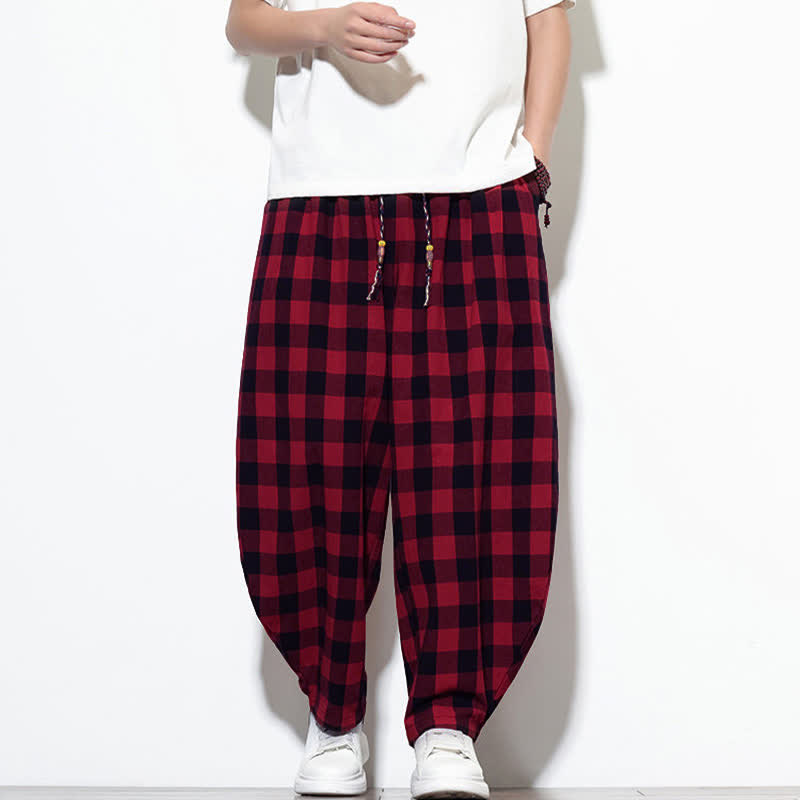 Buddha Stones Summer Plaid Pattern High Waist Drawstring Men's Harem Pants With Pockets - Red - US/UK/AU46，EU56 (5XL) - image 19