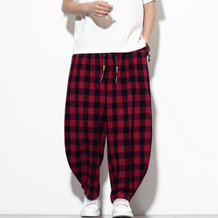 Buddha Stones Summer Plaid Pattern High Waist Drawstring Men's Harem Pants With Pockets - Red - US/UK/AU46，EU56 (5XL) - image 19