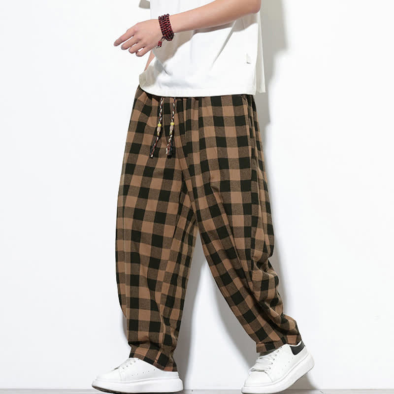 Buddha Stones Summer Plaid Pattern High Waist Drawstring Men's Harem Pants With Pockets - image 14