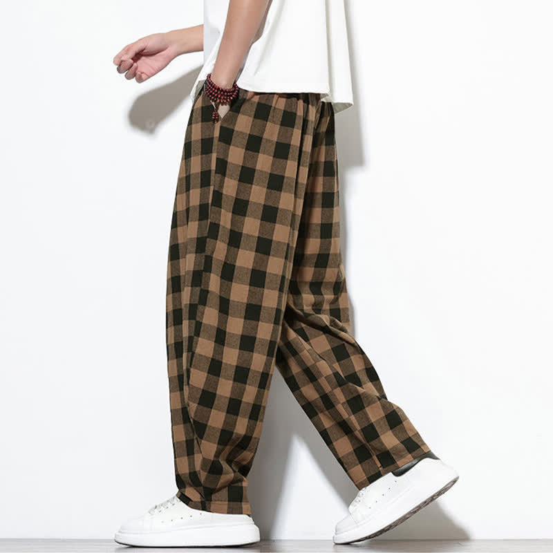 Buddha Stones Summer Plaid Pattern High Waist Drawstring Men's Harem Pants With Pockets - image 16