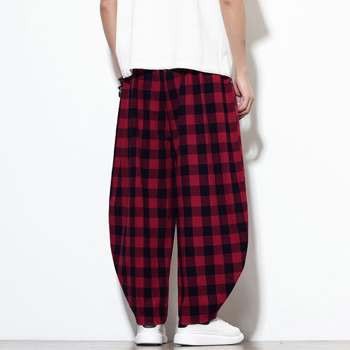 Buddha Stones Summer Plaid Pattern High Waist Drawstring Men's Harem Pants With Pockets - image 21