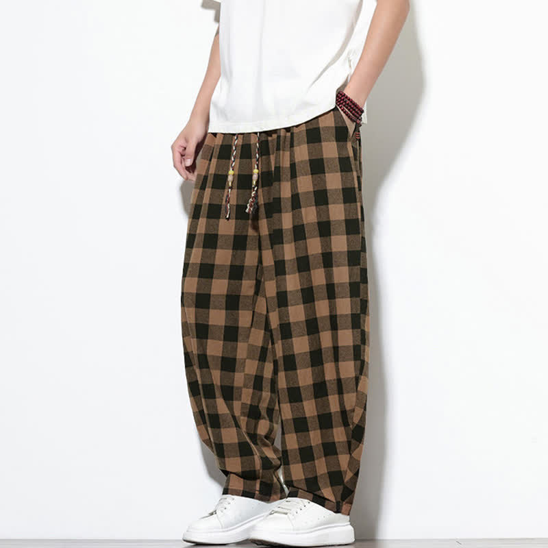 Buddha Stones Summer Plaid Pattern High Waist Drawstring Men's Harem Pants With Pockets - image 17