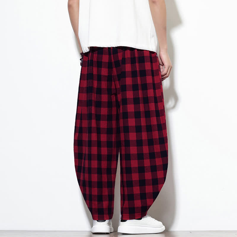 Buddha Stones Summer Plaid Pattern High Waist Drawstring Men's Harem Pants With Pockets - image 21