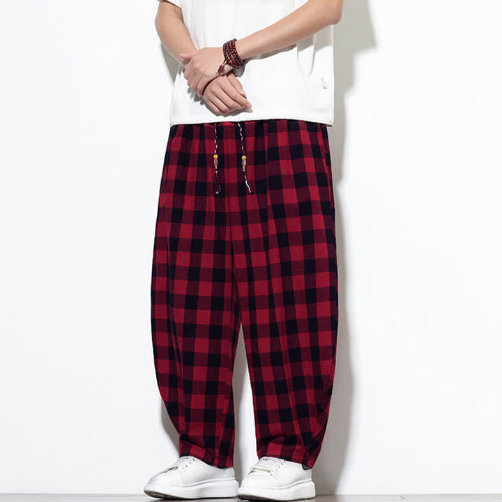 Buddha Stones Summer Plaid Pattern High Waist Drawstring Men's Harem Pants With Pockets - image 23