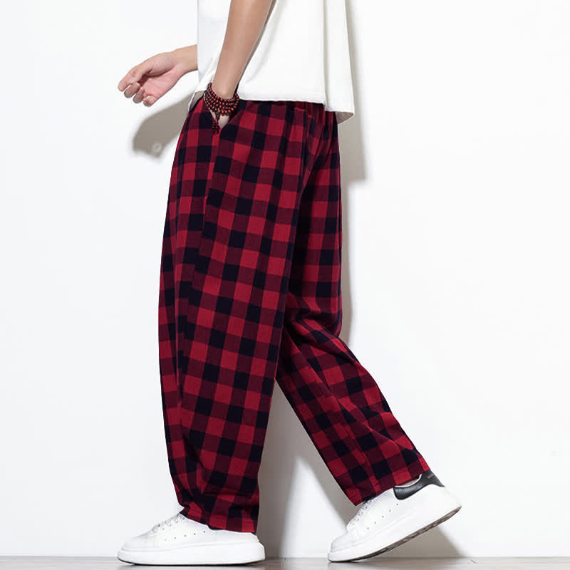 Buddha Stones Summer Plaid Pattern High Waist Drawstring Men's Harem Pants With Pockets - image 22
