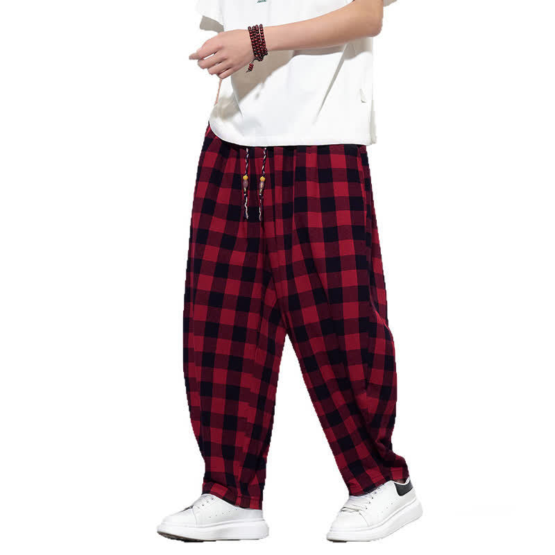 Buddha Stones Summer Plaid Pattern High Waist Drawstring Men's Harem Pants With Pockets - image 25