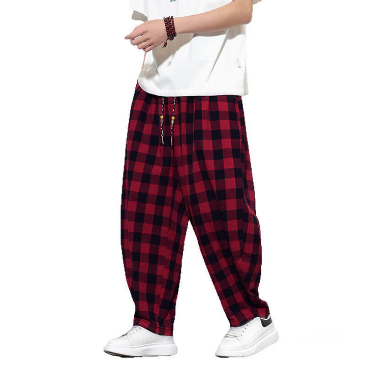 Buddha Stones Summer Plaid Pattern High Waist Drawstring Men's Harem Pants With Pockets - image 25