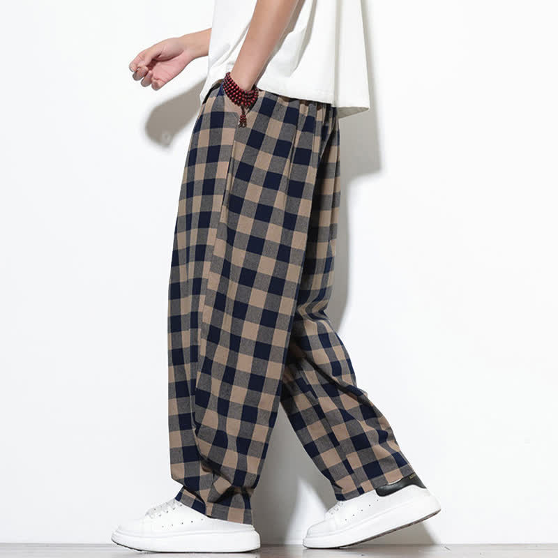 Buddha Stones Summer Plaid Pattern High Waist Drawstring Men's Harem Pants With Pockets - image 31