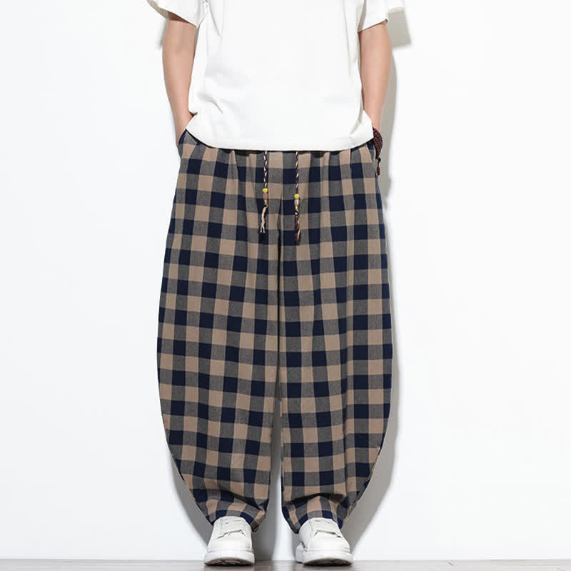 Buddha Stones Summer Plaid Pattern High Waist Drawstring Men's Harem Pants With Pockets - image 32