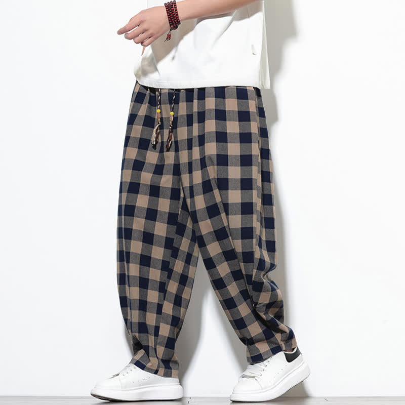 Buddha Stones Summer Plaid Pattern High Waist Drawstring Men's Harem Pants With Pockets - image 34