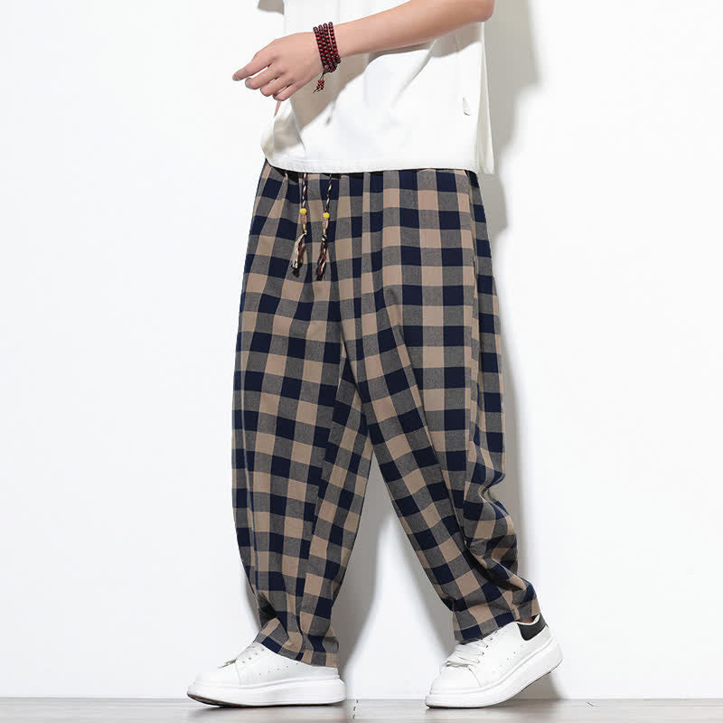 Buddha Stones Summer Plaid Pattern High Waist Drawstring Men's Harem Pants With Pockets - image 35