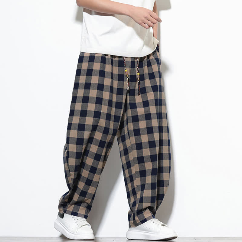 Buddha Stones Summer Plaid Pattern High Waist Drawstring Men's Harem Pants With Pockets - image 27