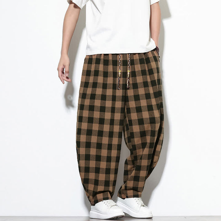 Buddha Stones Summer Plaid Pattern High Waist Drawstring Men's Harem Pants With Pockets - image 12