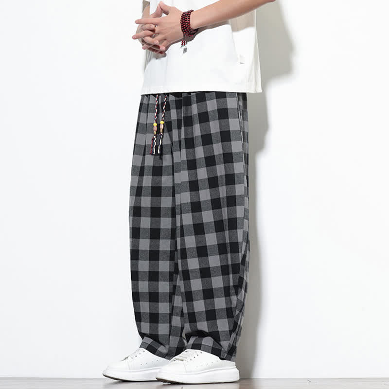 Buddha Stones Summer Plaid Pattern High Waist Drawstring Men's Harem Pants With Pockets - image 2