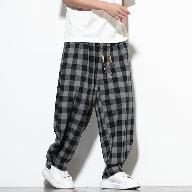 Buddha Stones Summer Plaid Pattern High Waist Drawstring Men's Harem Pants With Pockets - image 6