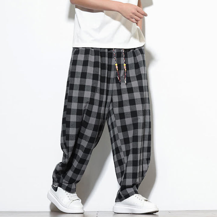 Buddha Stones Summer Plaid Pattern High Waist Drawstring Men's Harem Pants With Pockets - image 6