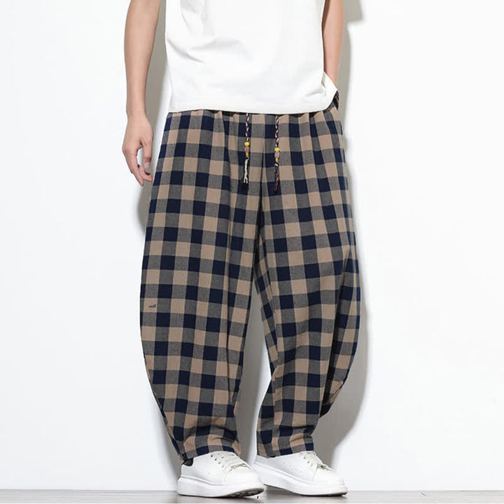 Buddha Stones Summer Plaid Pattern High Waist Drawstring Men's Harem Pants With Pockets - image 33