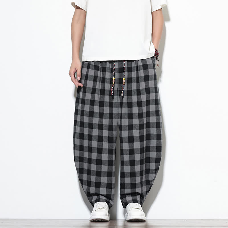 Buddha Stones Summer Plaid Pattern High Waist Drawstring Men's Harem Pants With Pockets - image 1