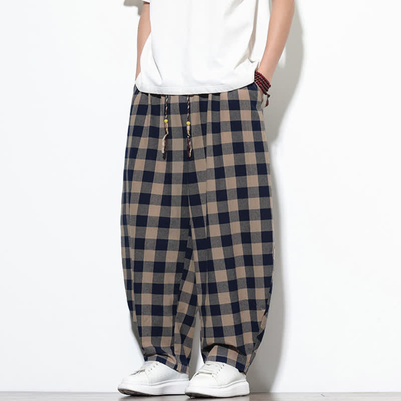 Buddha Stones Summer Plaid Pattern High Waist Drawstring Men's Harem Pants With Pockets - Wheat - US/UK/AU46，EU56 (5XL) - image 26