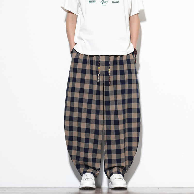 Buddha Stones Summer Plaid Pattern High Waist Drawstring Men's Harem Pants With Pockets - image 30