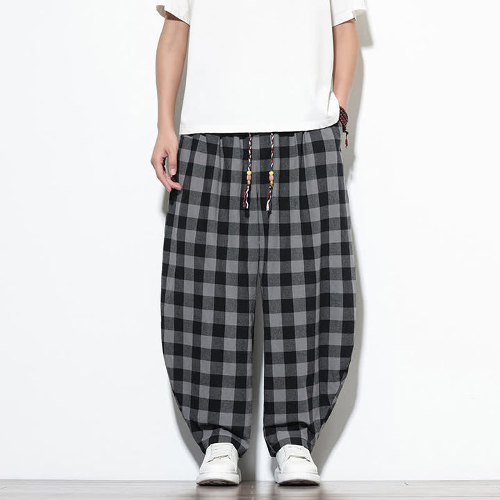 Buddha Stones Summer Plaid Pattern High Waist Drawstring Men's Harem Pants With Pockets - image 1