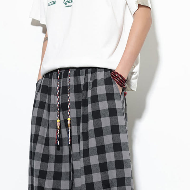 Buddha Stones Summer Plaid Pattern High Waist Drawstring Men's Harem Pants With Pockets - image 9