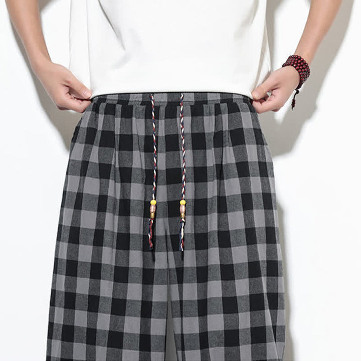 Buddha Stones Summer Plaid Pattern High Waist Drawstring Men's Harem Pants With Pockets - image 8