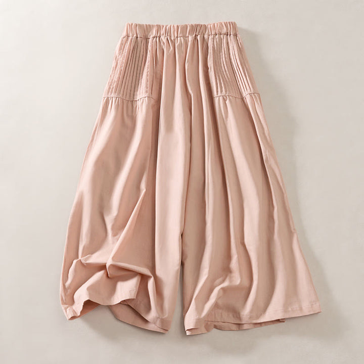 Buddha Stones Summer Pleated Design Elastic Waistband Cropped Women's Wide Leg Pants With Pockets - LightPink - US8-10，UK/AU12-14，EU40-42 (2XL) - image 0
