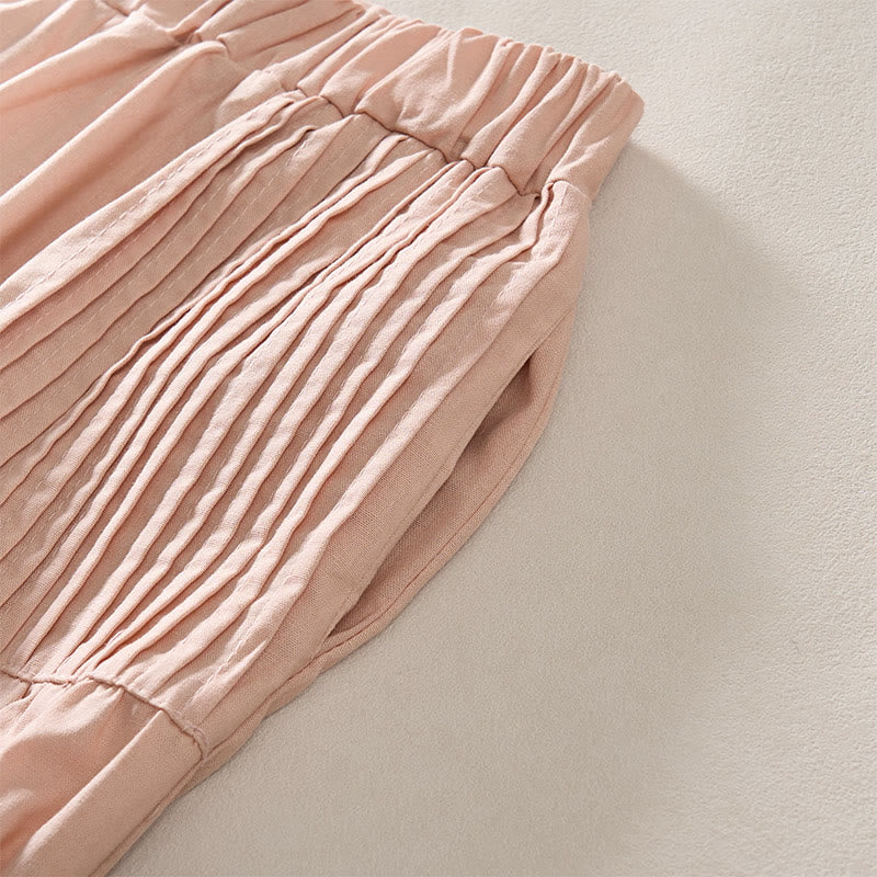 Buddha Stones Summer Pleated Design Elastic Waistband Cropped Women's Wide Leg Pants With Pockets - image 3