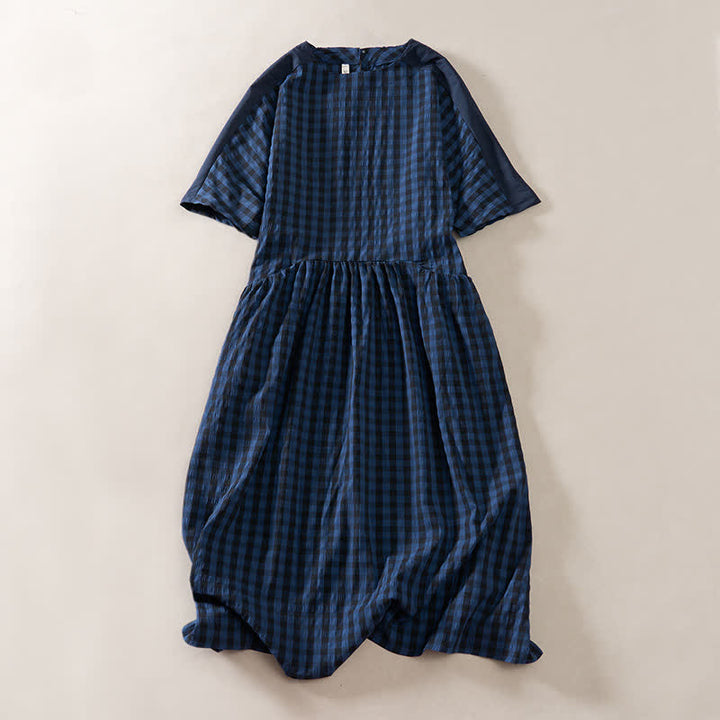Buddha Stones Summer MidnightBlue Checked  A-line Pleated Crew Neck Knee Length Women's Short Sleeve Dress - image 1