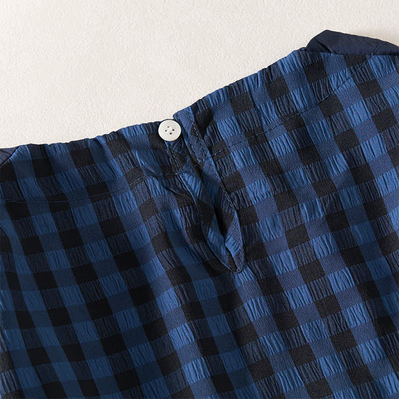 Buddha Stones Summer MidnightBlue Checked  A-line Pleated Crew Neck Knee Length Women's Short Sleeve Dress - image 5