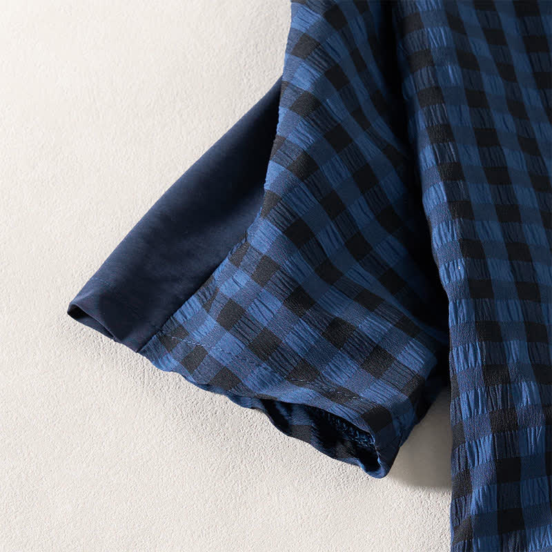 Buddha Stones Summer MidnightBlue Checked  A-line Pleated Crew Neck Knee Length Women's Short Sleeve Dress - image 6