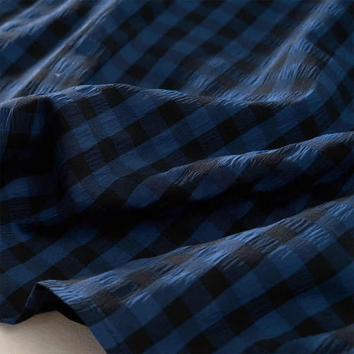 Buddha Stones Summer MidnightBlue Checked  A-line Pleated Crew Neck Knee Length Women's Short Sleeve Dress - image 9