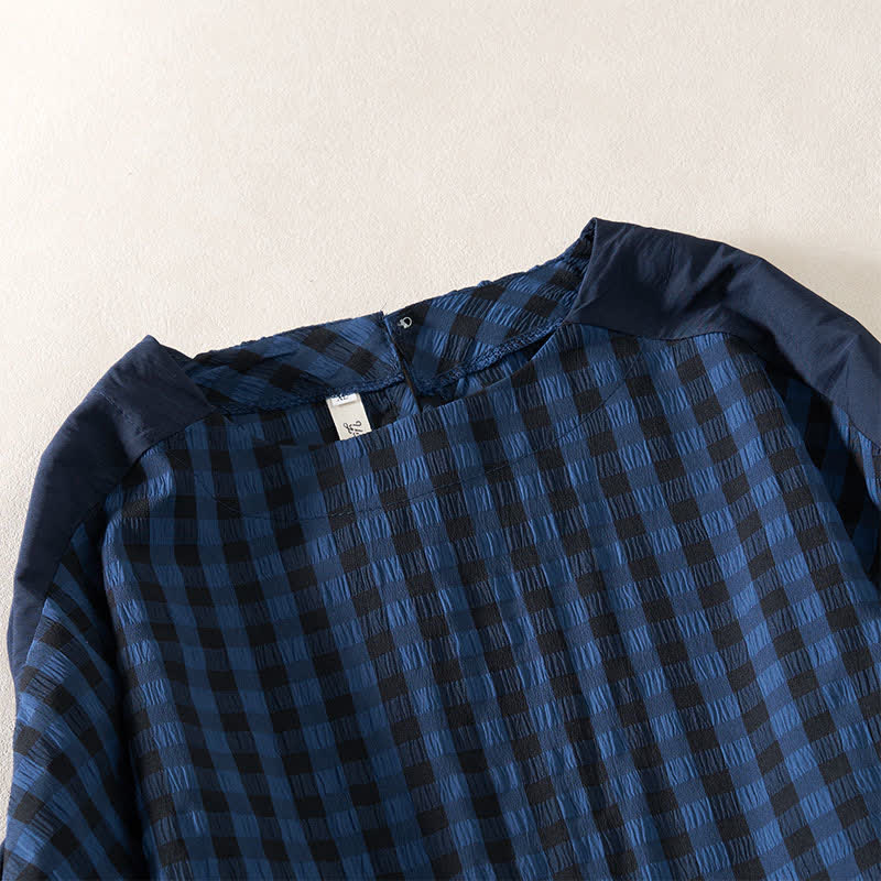 Buddha Stones Summer MidnightBlue Checked  A-line Pleated Crew Neck Knee Length Women's Short Sleeve Dress - image 4