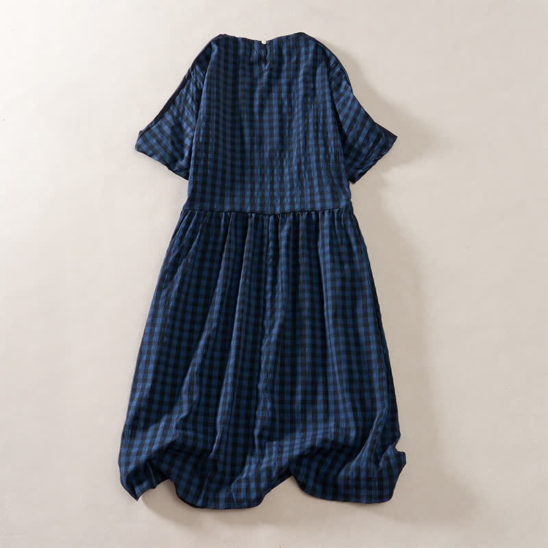 Buddha Stones Summer MidnightBlue Checked  A-line Pleated Crew Neck Knee Length Women's Short Sleeve Dress - image 3