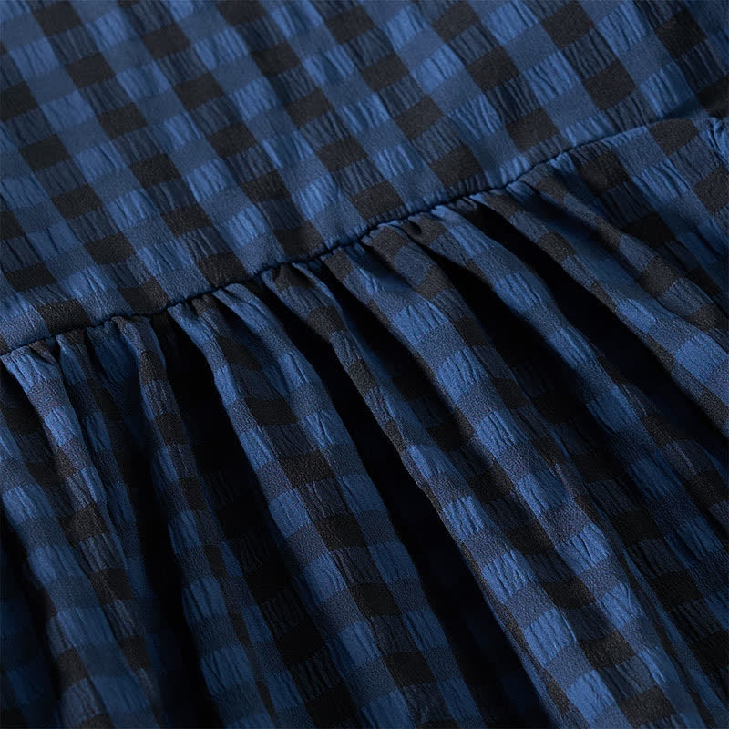 Buddha Stones Summer MidnightBlue Checked  A-line Pleated Crew Neck Knee Length Women's Short Sleeve Dress - image 7