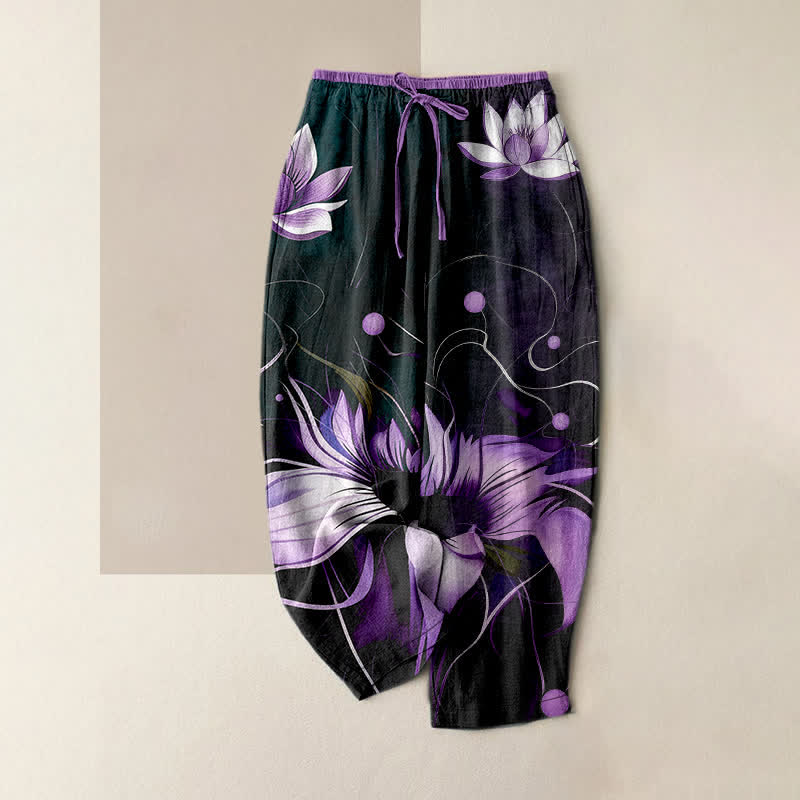 Buddha Stones Pure Cotton Purple Lotus Print Elastic Waist Women's Pants With Pockets - Black - US16，UK/AU20，EU48 (3XL) - image 0