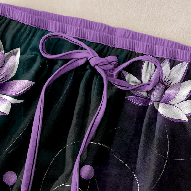 Buddha Stones Pure Cotton Purple Lotus Print Elastic Waist Women's Pants With Pockets - image 2