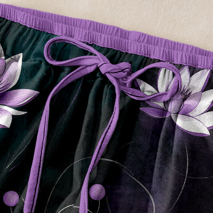 Buddha Stones Pure Cotton Purple Lotus Print Elastic Waist Women's Pants With Pockets - image 2
