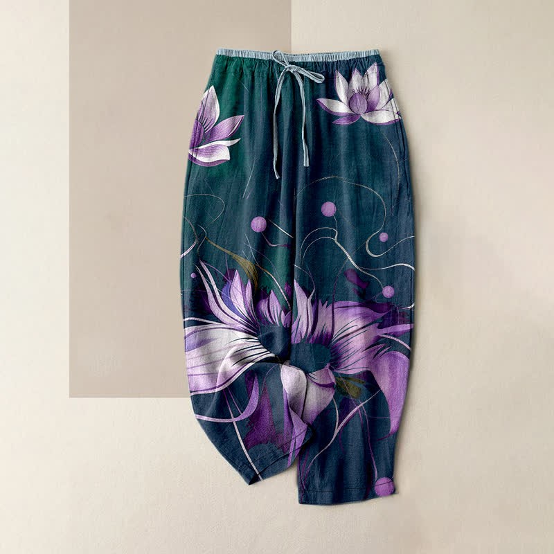 Buddha Stones Pure Cotton Purple Lotus Print Elastic Waist Women's Pants With Pockets - Teal - US16，UK/AU20，EU48 (3XL) - image 4