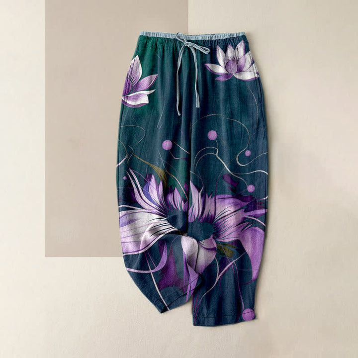 Buddha Stones Pure Cotton Purple Lotus Print Elastic Waist Women's Pants With Pockets - Teal - US16，UK/AU20，EU48 (3XL) - image 4