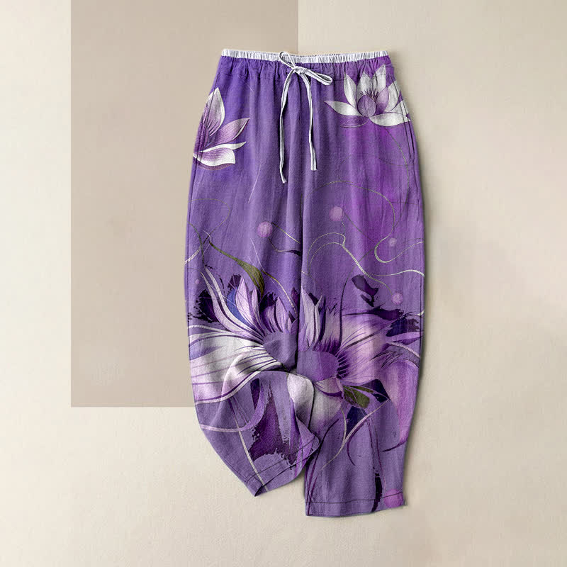 Buddha Stones Pure Cotton Purple Lotus Print Elastic Waist Women's Pants With Pockets - MediumPurple - US16，UK/AU20，EU48 (3XL) - image 5
