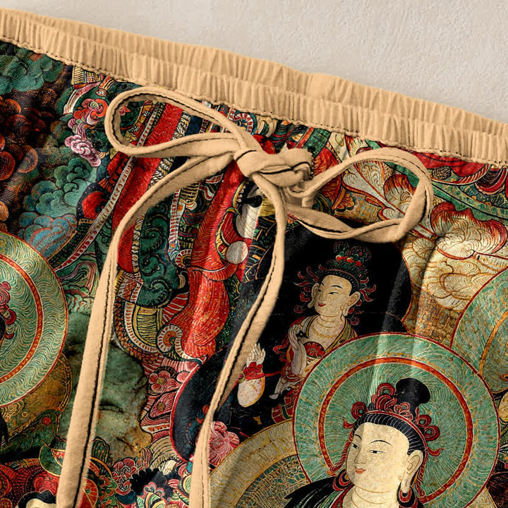 Buddha Stones Multiple Buddhas Pattern Elastic Waist Women's Pure Cotton Pants With Pockets - image 1